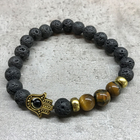 Lava Stone Bracelet - Hamsa Tiger-eye