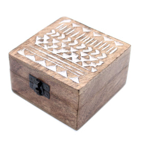 White Washed Wooden Box - 4x4 Aztec Design